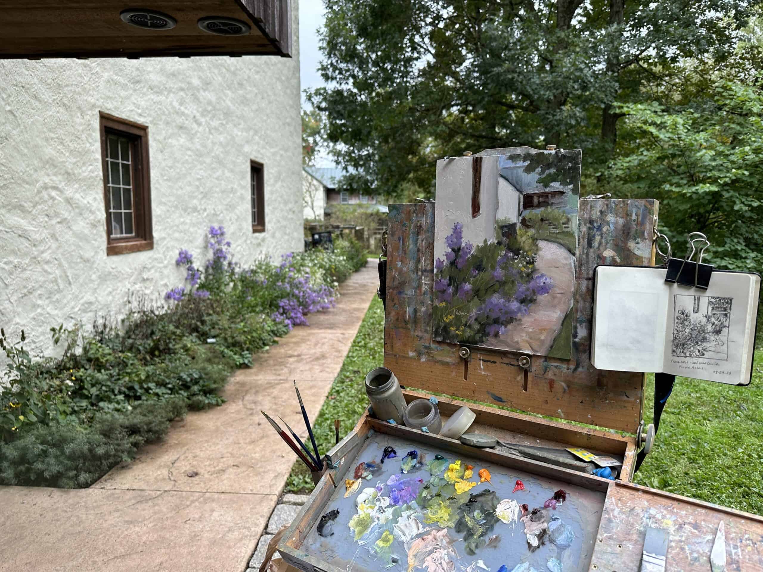 Plein air painting of a scene at the visitor center at Crow's Nest Preserve.