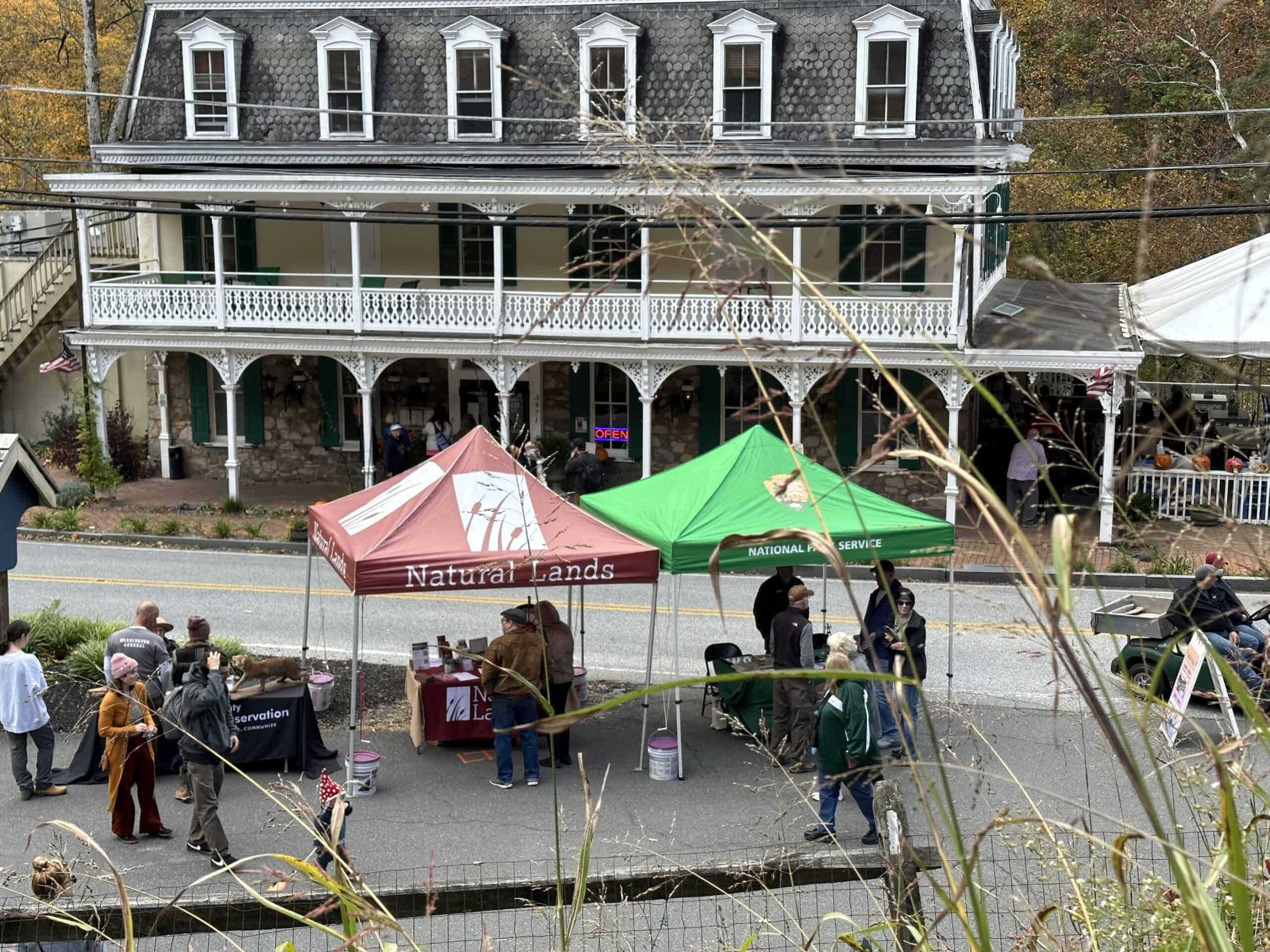 Two pop-up tents in front of the St. Peter's Inn for a village festival