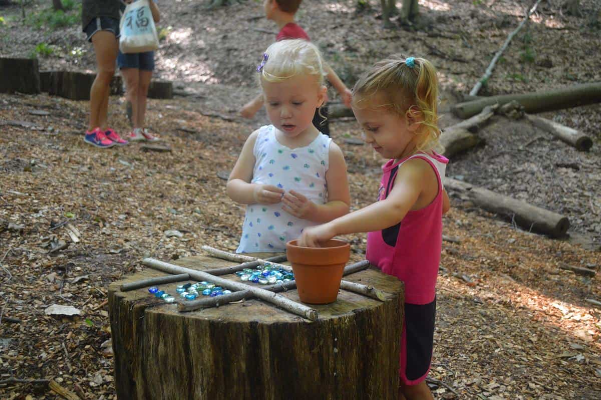 two young girls play with colored stones on a tree stump in the middle of the woods.