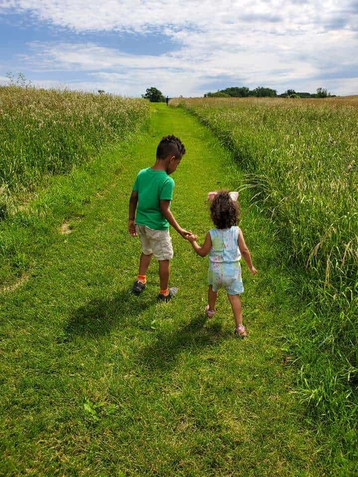 Two young children hold hands as they walk up a grass path in a green field with a blue sky.
