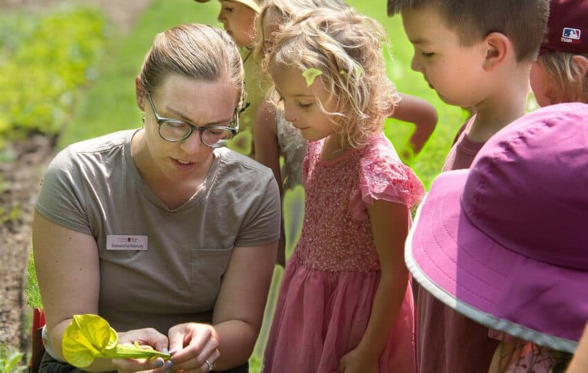 a group of kids huddle around an engagement staff holding a leaf and showing insects.