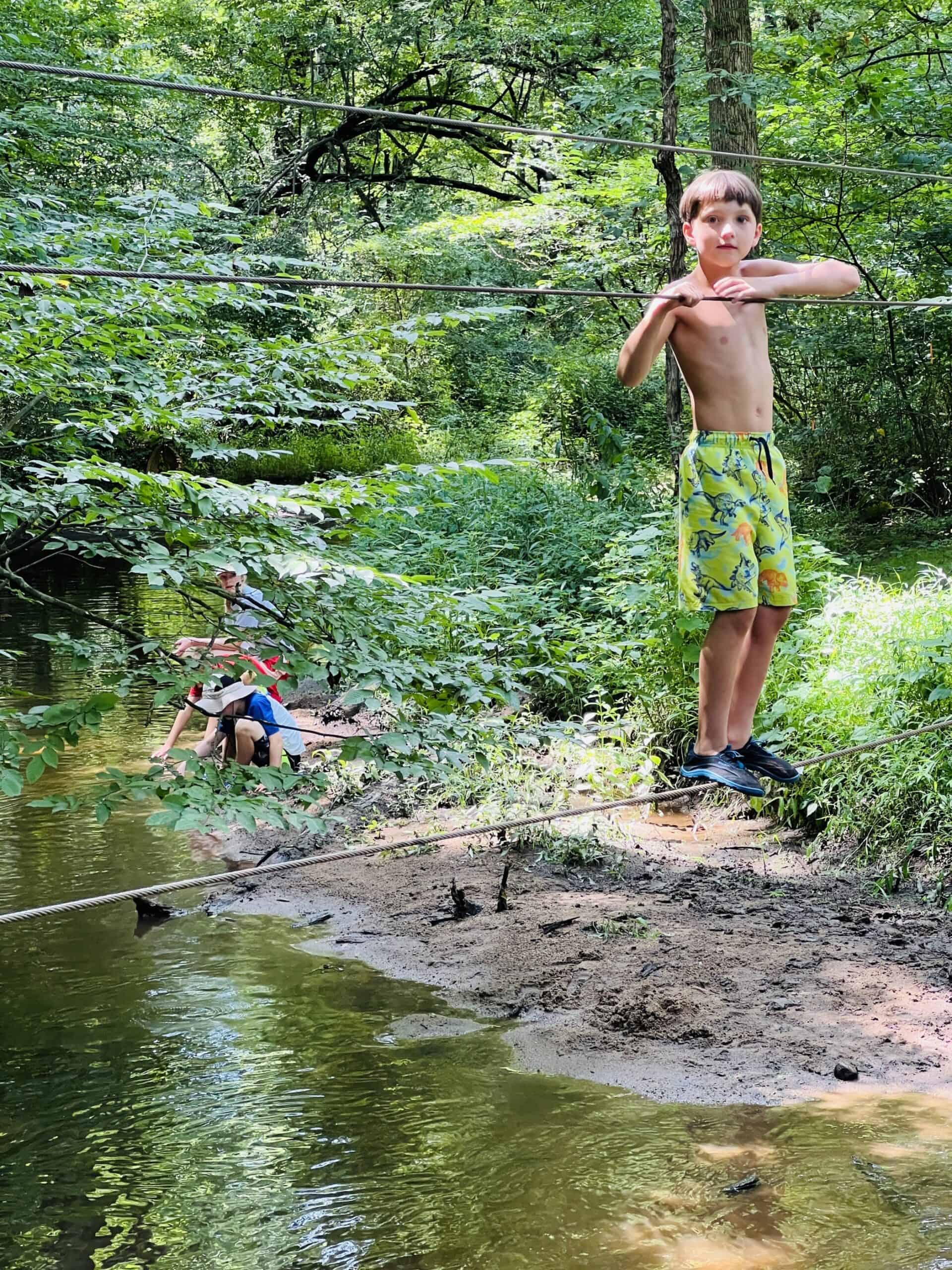 Kids playing on the wire bridge over the creek at Crow's Nest Camp