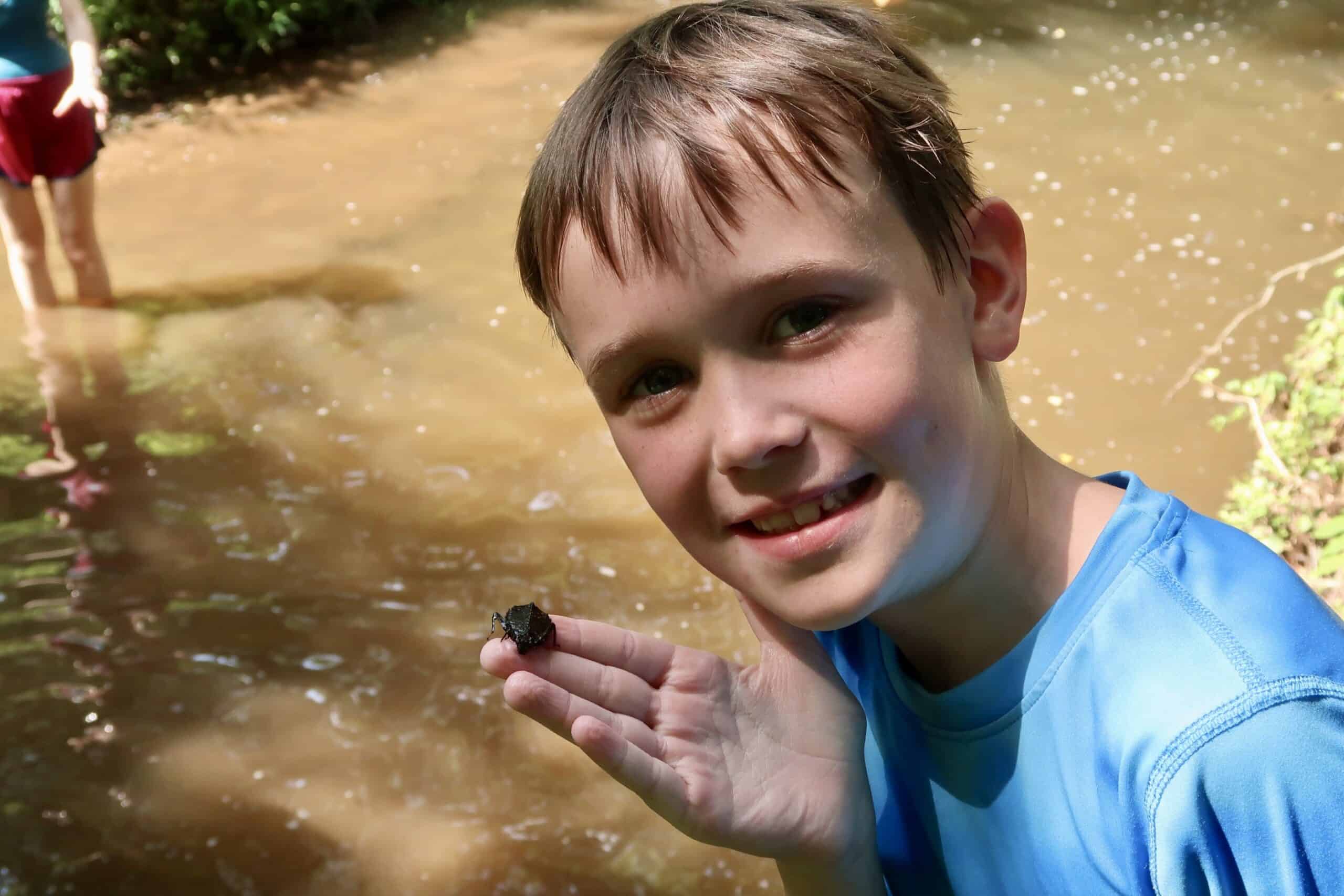 A kid at summer camp holding a beetle while standing in a creek