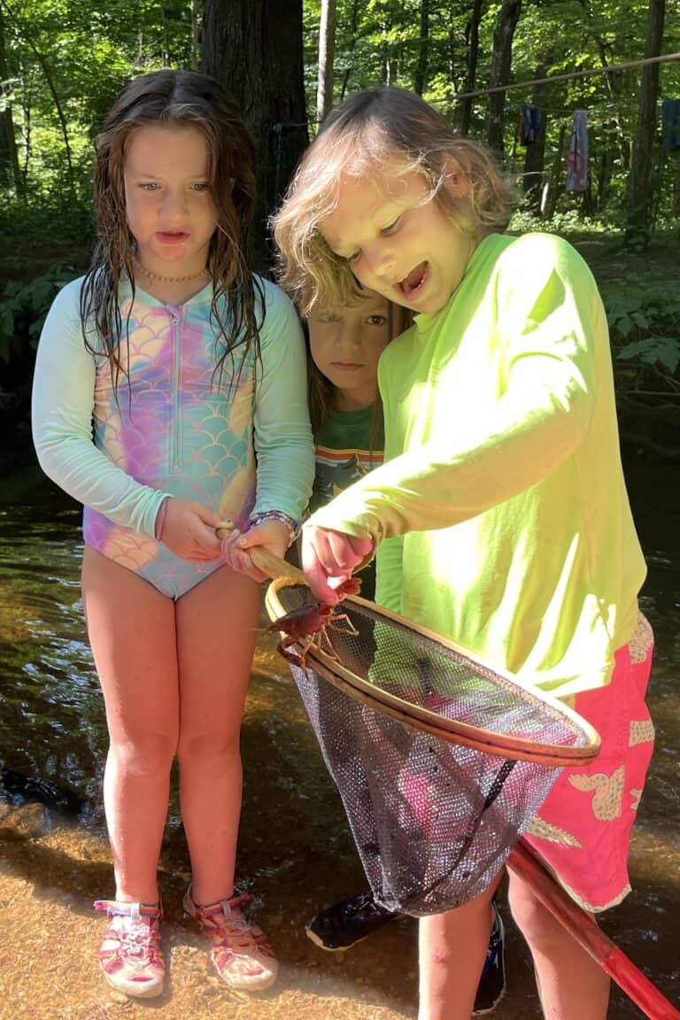 Kids at summer camp with a net a a crayfish