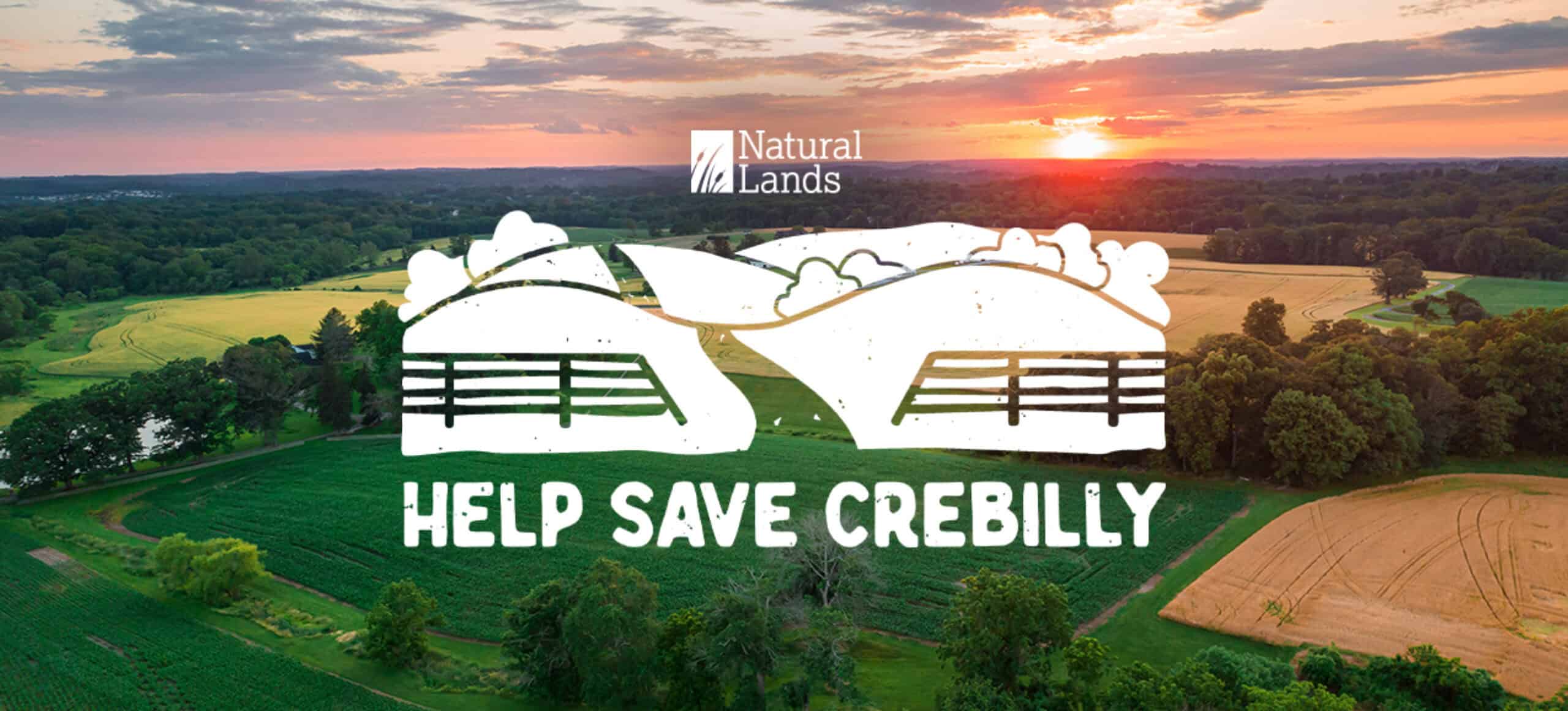 Help Save Crebilly logo over a sunset image of Crebilly Farm