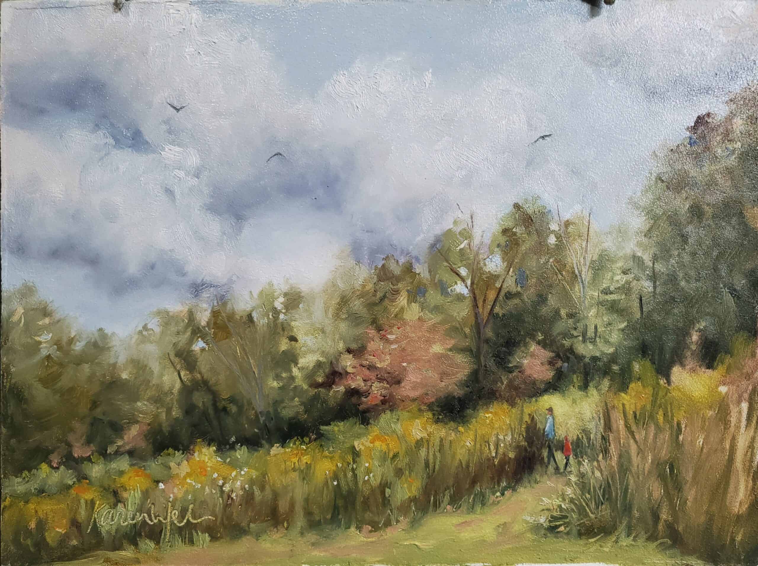 oil painting of a meadow at Crow's Nest Preserve by Karen Weber