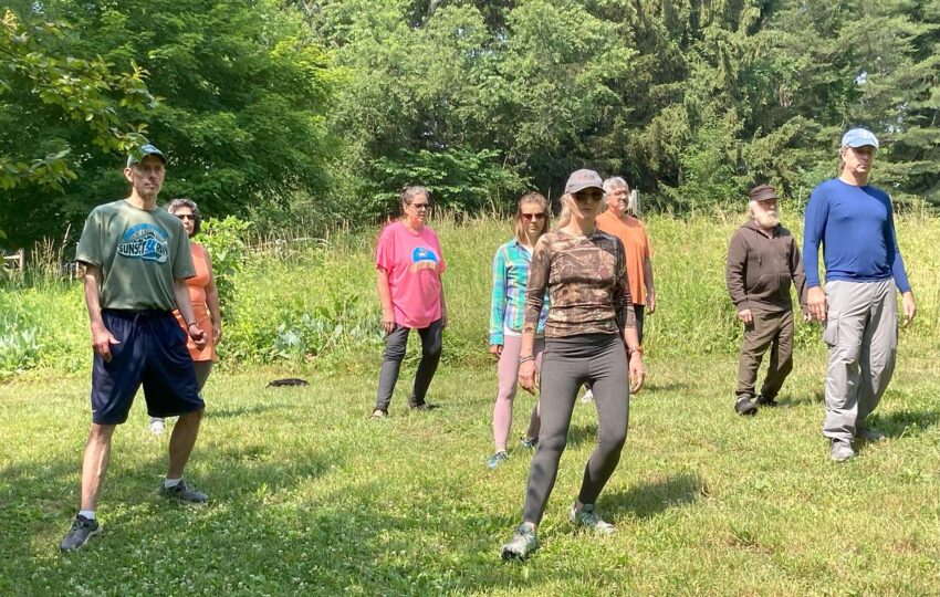 a group of people gathered on a sunny day in an open field standing doing tai chi poses